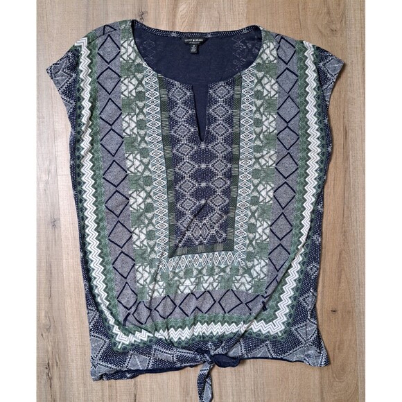 Lucky Brand Women's Boho Split Neck Top Blouse Front Tie V-Neck Blue  M - Picture 2 of 9